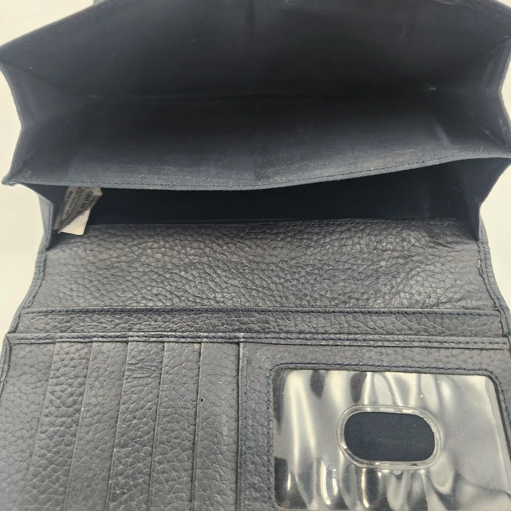 Estalon Pebbled‎ Leather RFID Long Wallet Trifold Snap Closure - Navy Blue